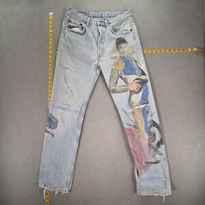 VTG Levis 501 Jeans Mens Light Wash Blue Hand Painted Bullfighter Fits 28x30